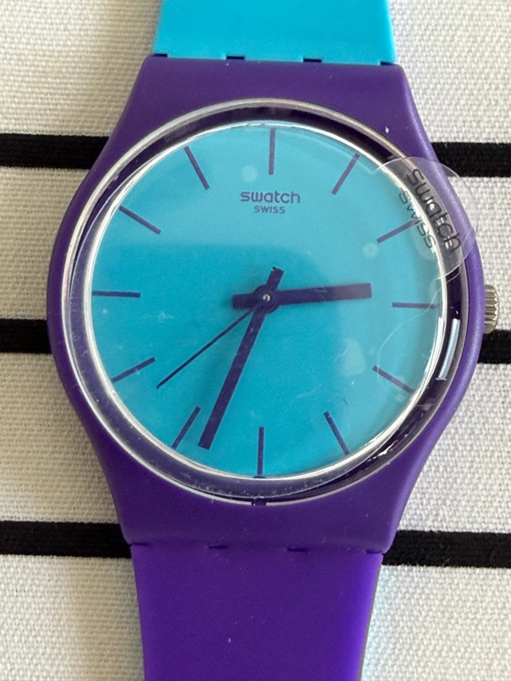 Swatch GV128 Polymer Watch - Turquoise Dial
& Purple Strap - New in Box